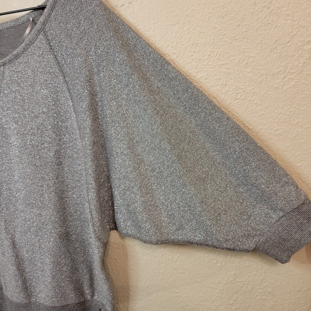 Guess Los Angeles Silver Metallic Cutout V-Neck Dolman Sleeve Knit Top L Y2K - Picture 10 of 10